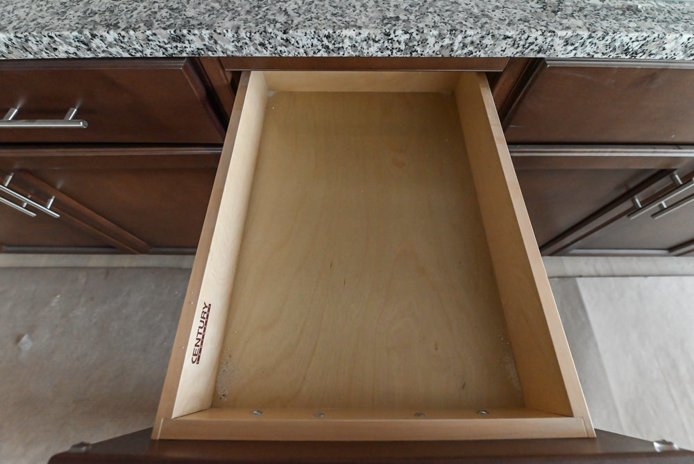 Century Transitional Dark Brown Wooden Kitchen with Island, Granite Countertops and Appliances