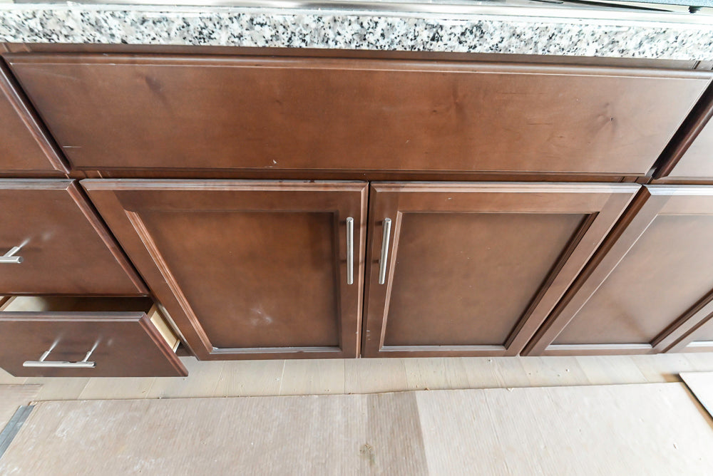 Century Transitional Dark Brown Wooden Kitchen with Island, Granite Countertops and Appliances