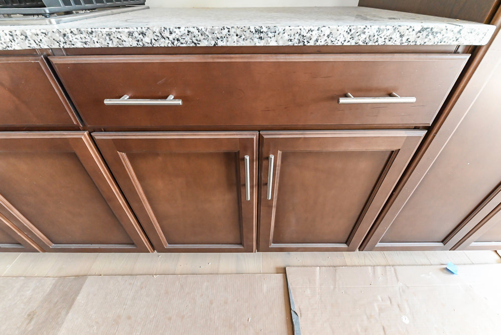Century Transitional Dark Brown Wooden Kitchen with Island, Granite Countertops and Appliances