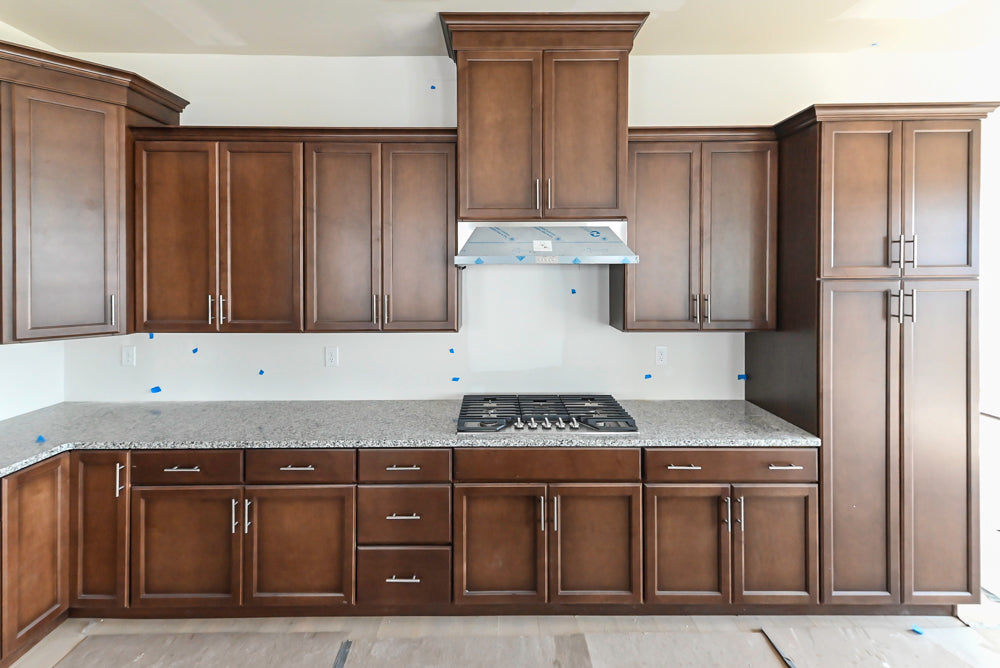 Century Transitional Dark Brown Wooden Kitchen with Island, Granite Countertops and Appliances
