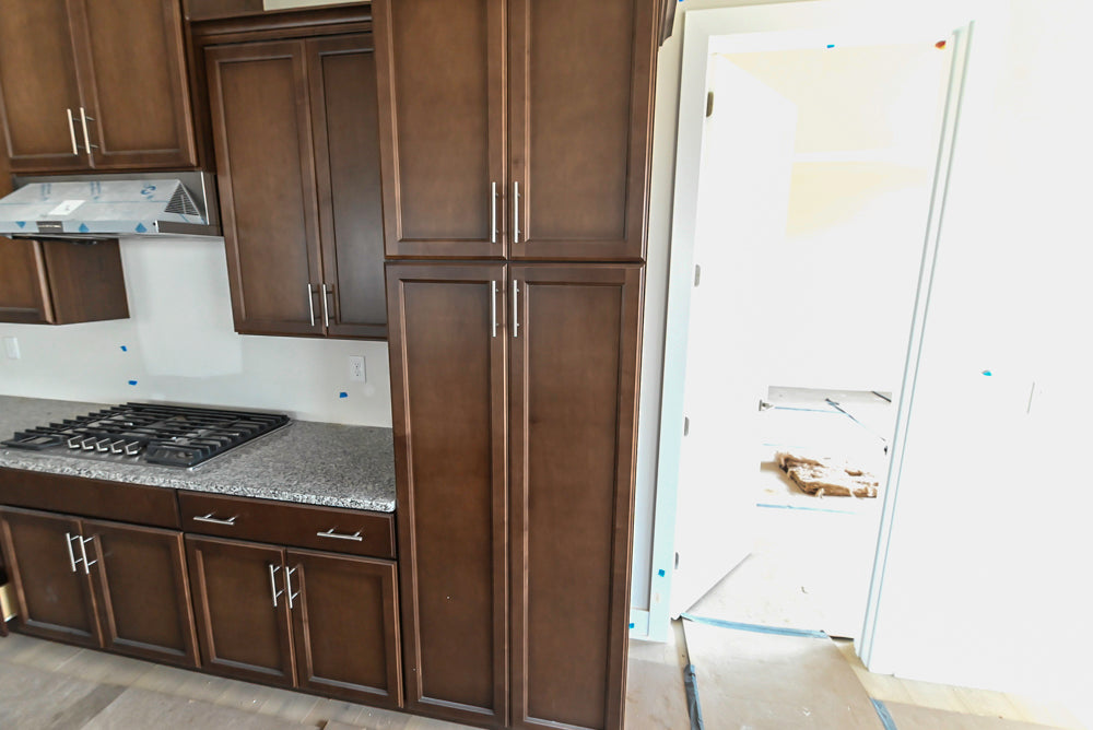 Century Transitional Dark Brown Wooden Kitchen with Island, Granite Countertops and Appliances