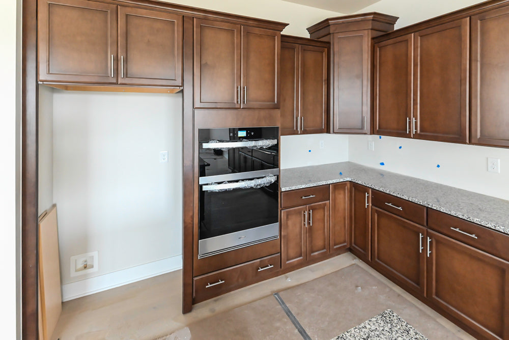 Century Transitional Dark Brown Wooden Kitchen with Island, Granite Countertops and Appliances