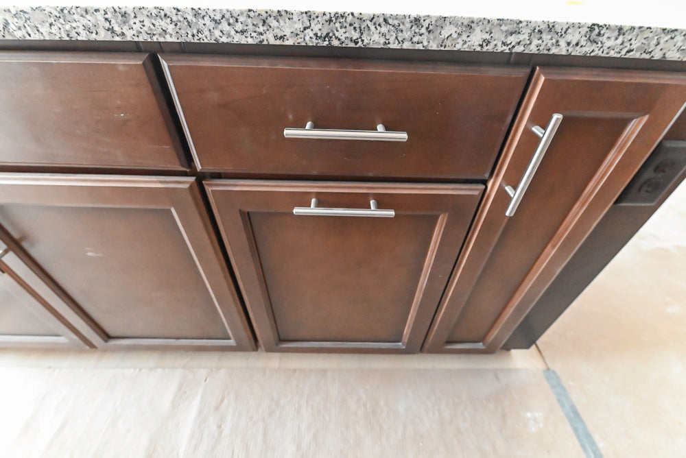 Century Transitional Dark Brown Wooden Kitchen with Island, Granite Countertops and Appliances