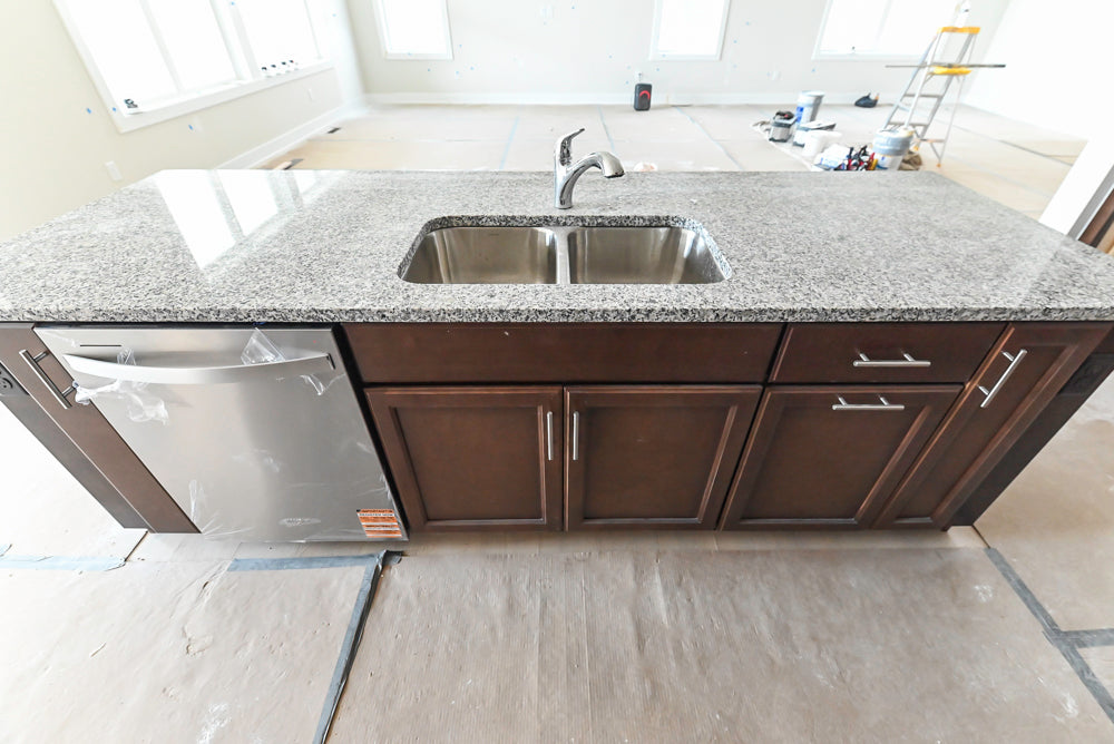 Century Transitional Dark Brown Wooden Kitchen with Island, Granite Countertops and Appliances
