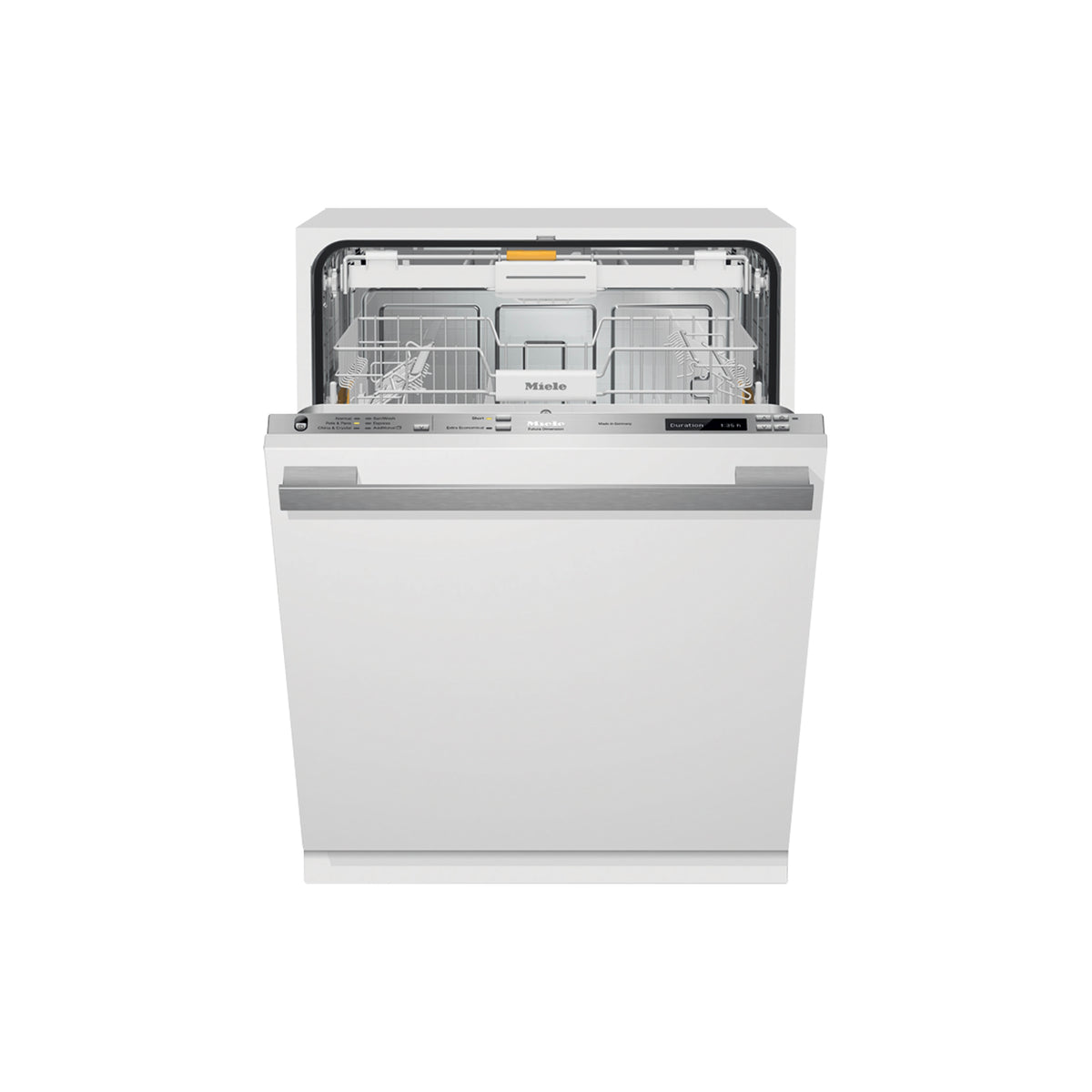 Miele G6365SCVI 24 inch fully integrated panel ready dishwasher front open profile view showing steel interior