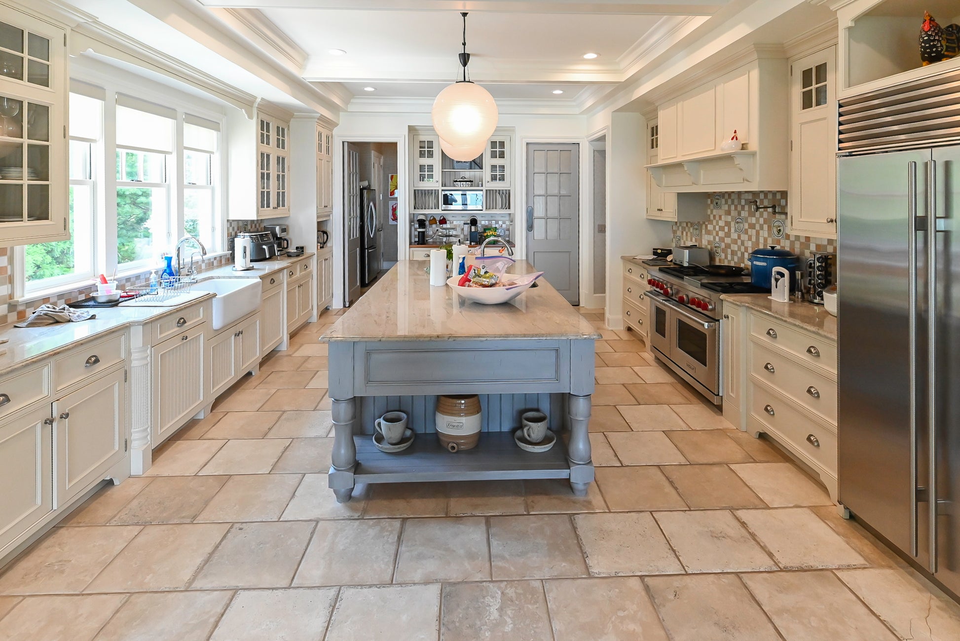 Craftmaid Traditional Off White Kitchen with Island, Granite Countertops & 48" Sub-Zero Refrigerator