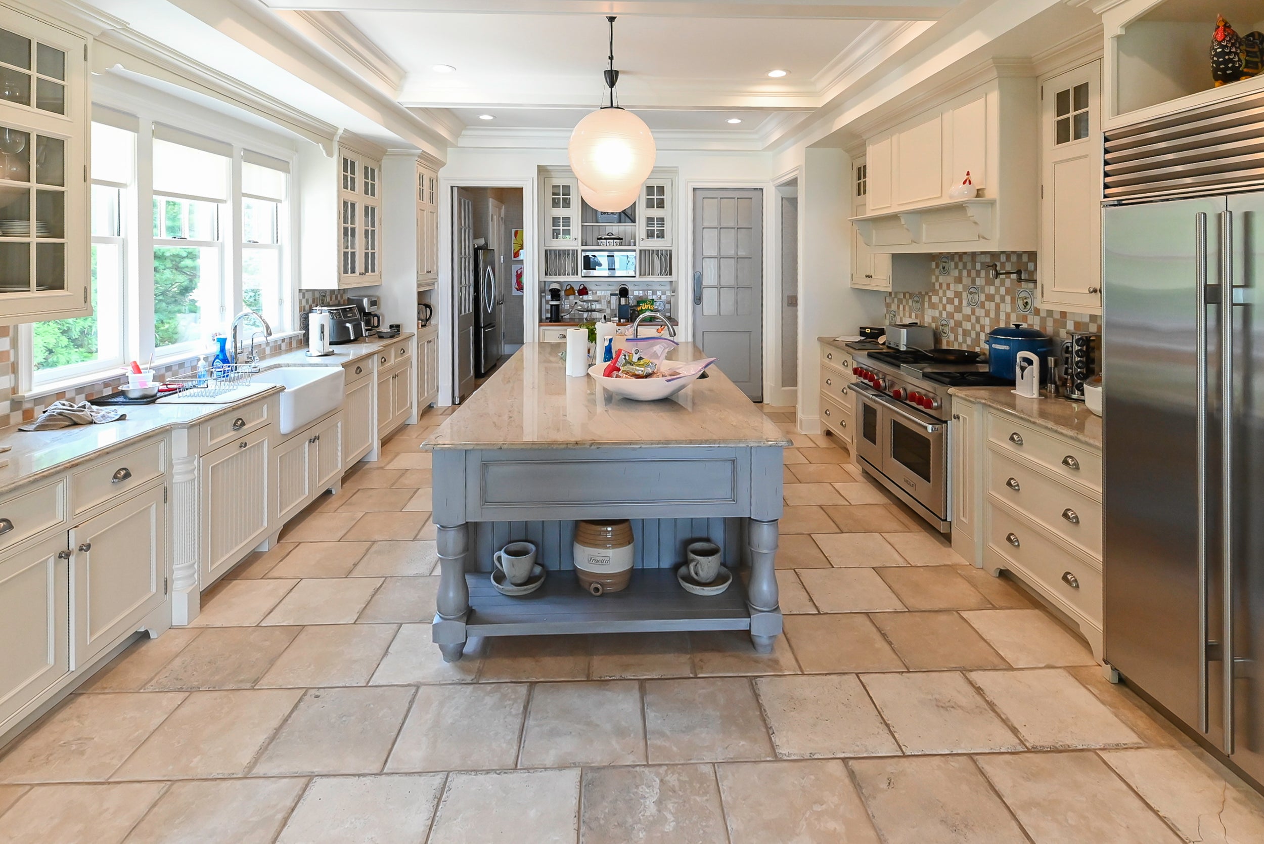 Craftmaid Traditional Off White Kitchen with Island, Granite Countertops & 48" Sub-Zero Refrigerator