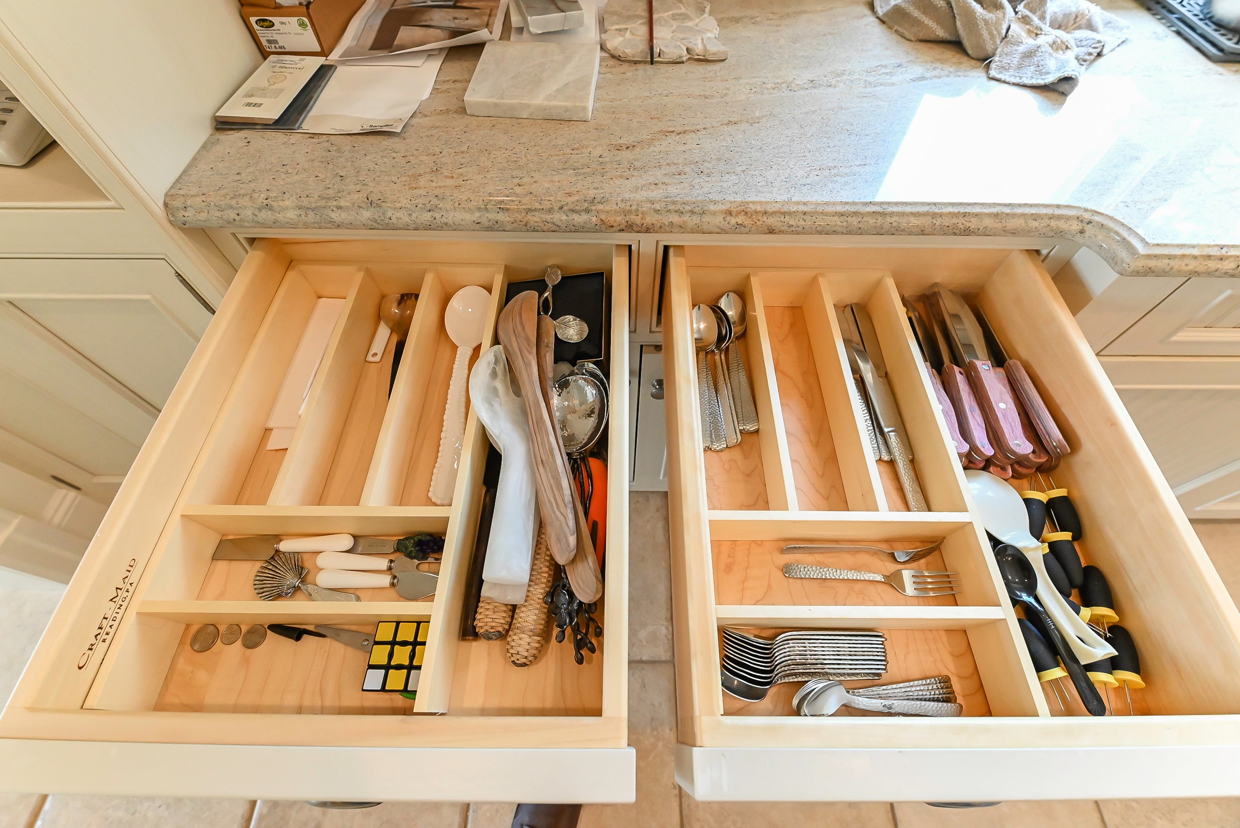 Craftmaid Traditional Off White Kitchen with Island, Granite Countertops & 48" Sub-Zero Refrigerator