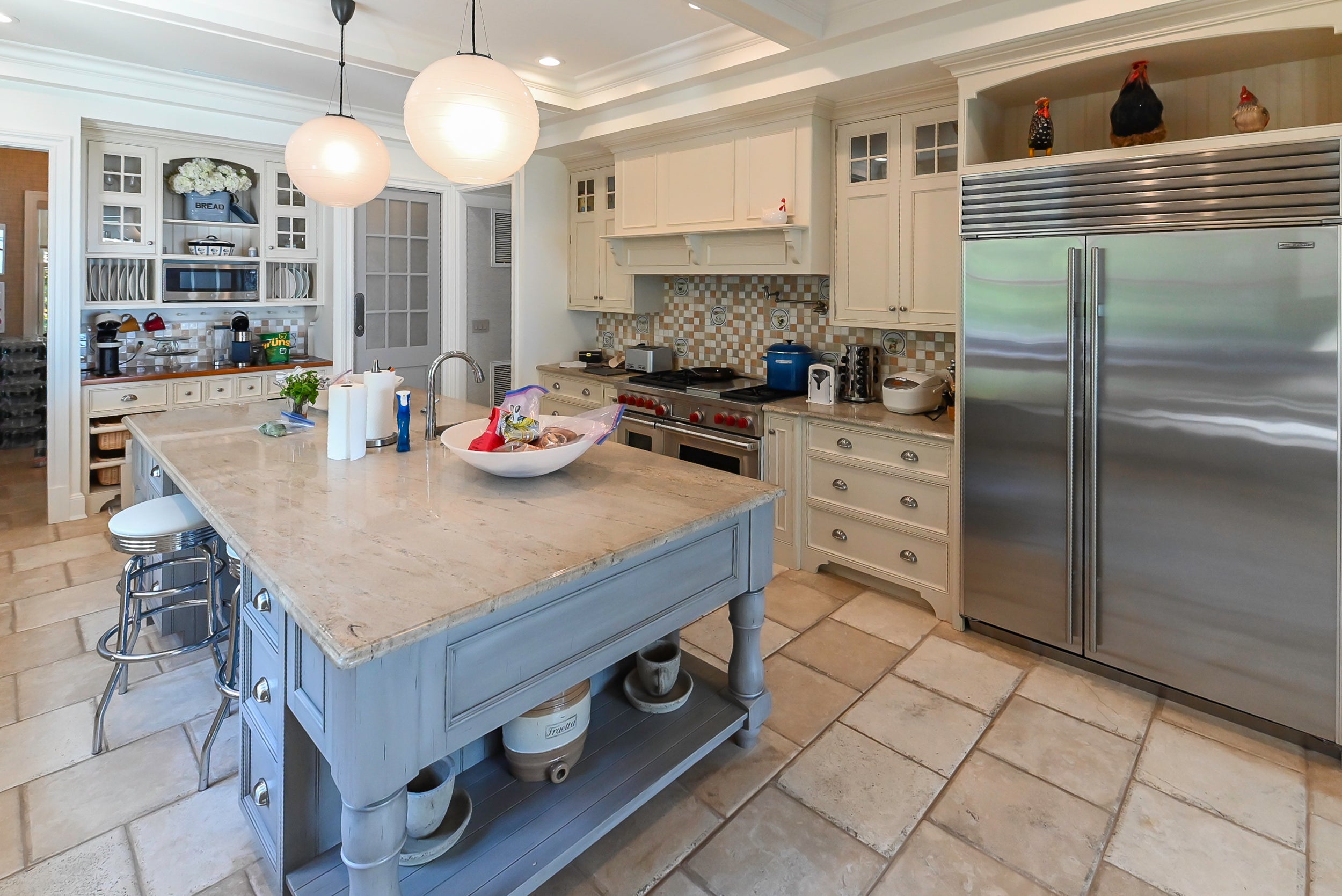 Craftmaid Traditional Off White Kitchen with Island, Granite Countertops & 48" Sub-Zero Refrigerator