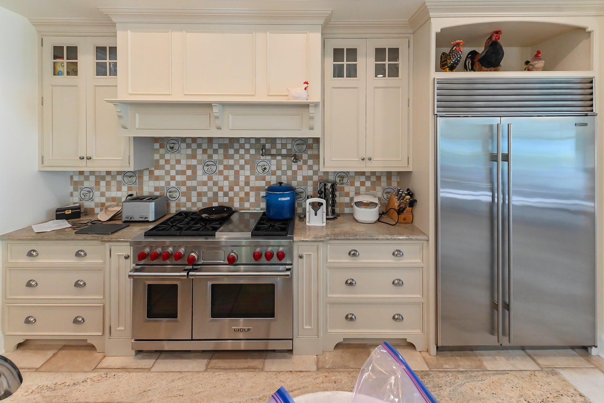 Craftmaid Traditional Off White Kitchen with Island, Granite Countertops & 48" Sub-Zero Refrigerator