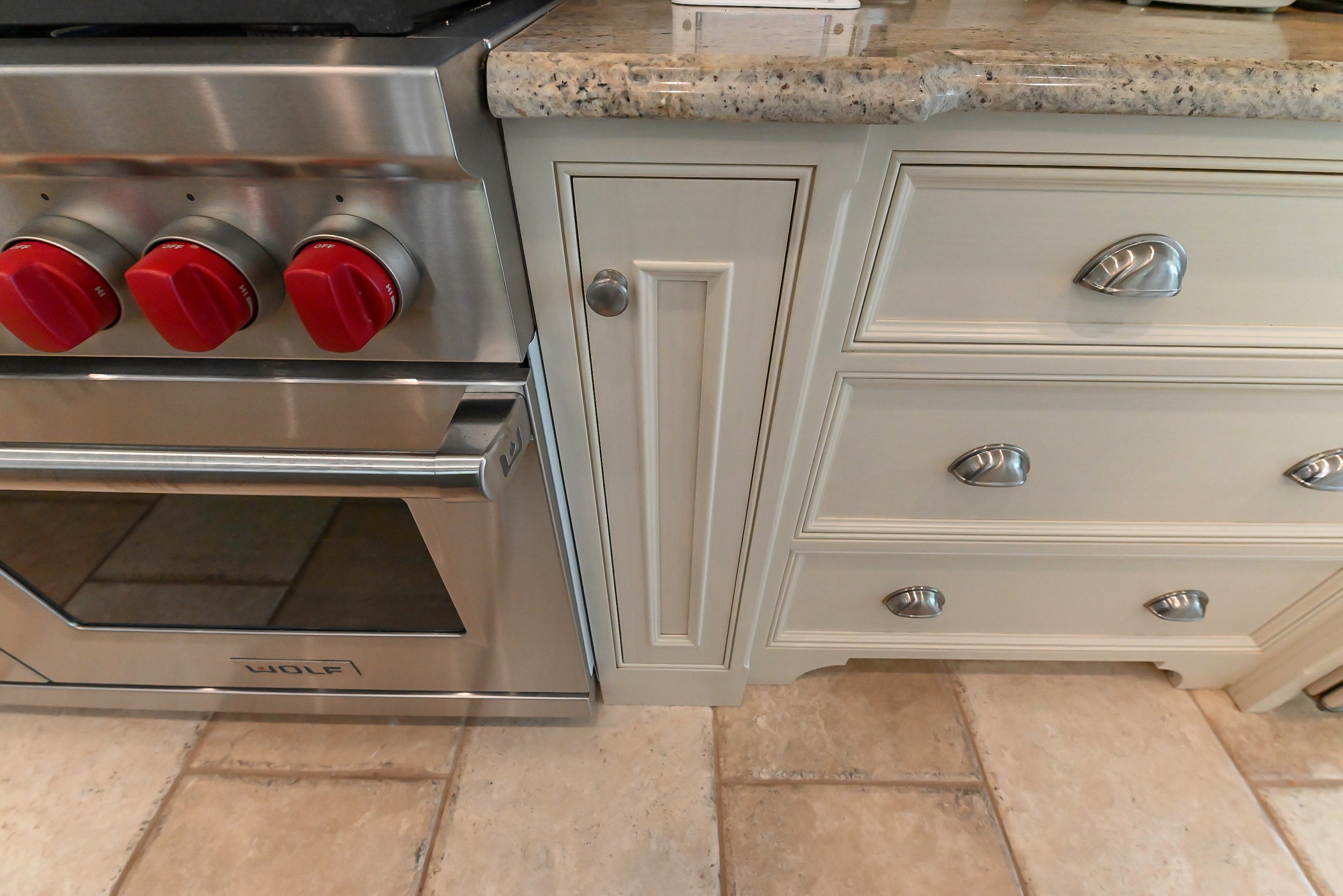 Craftmaid Traditional Off White Kitchen with Island, Granite Countertops & 48" Sub-Zero Refrigerator