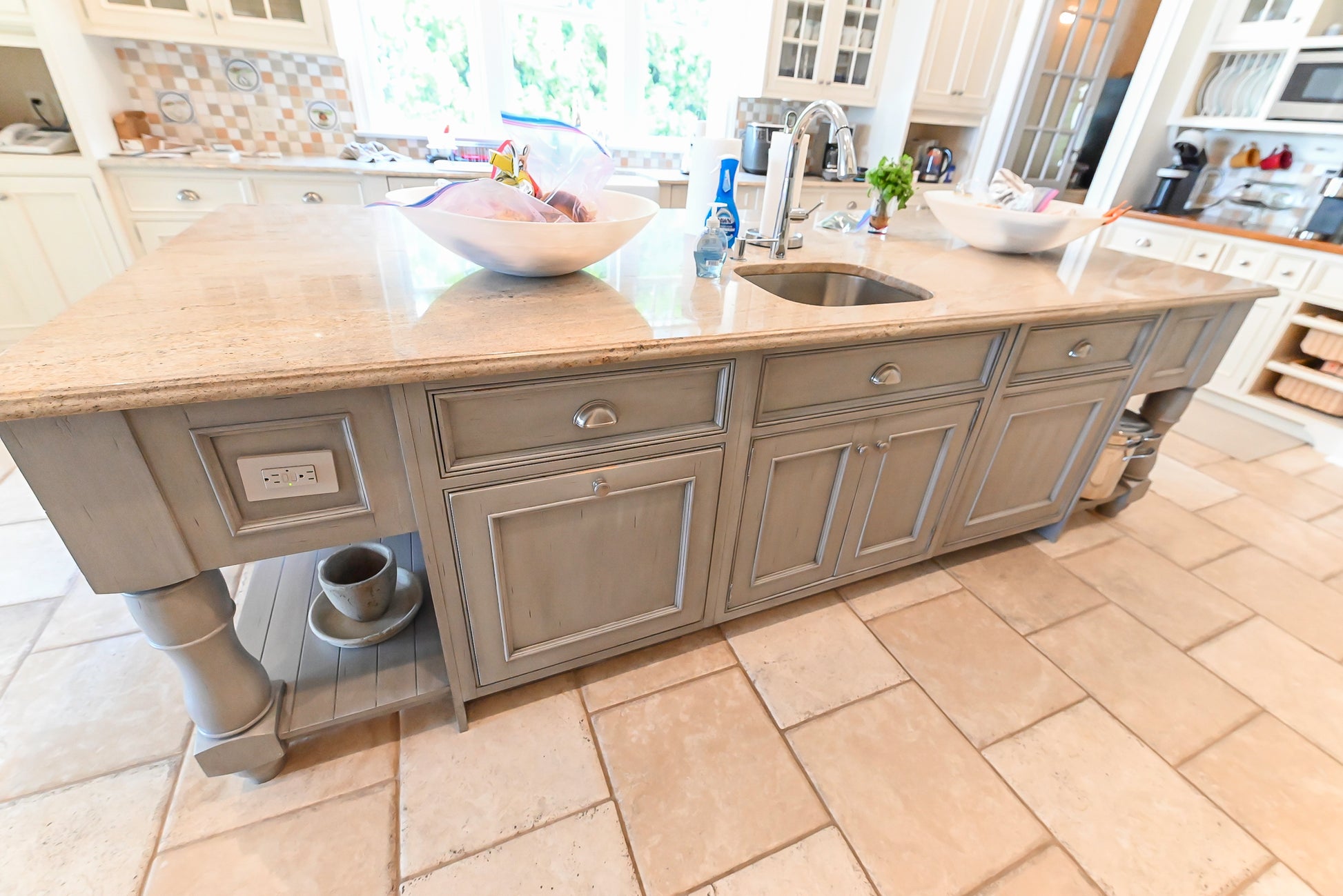 Craftmaid Traditional Off White Kitchen with Island, Granite Countertops & 48" Sub-Zero Refrigerator