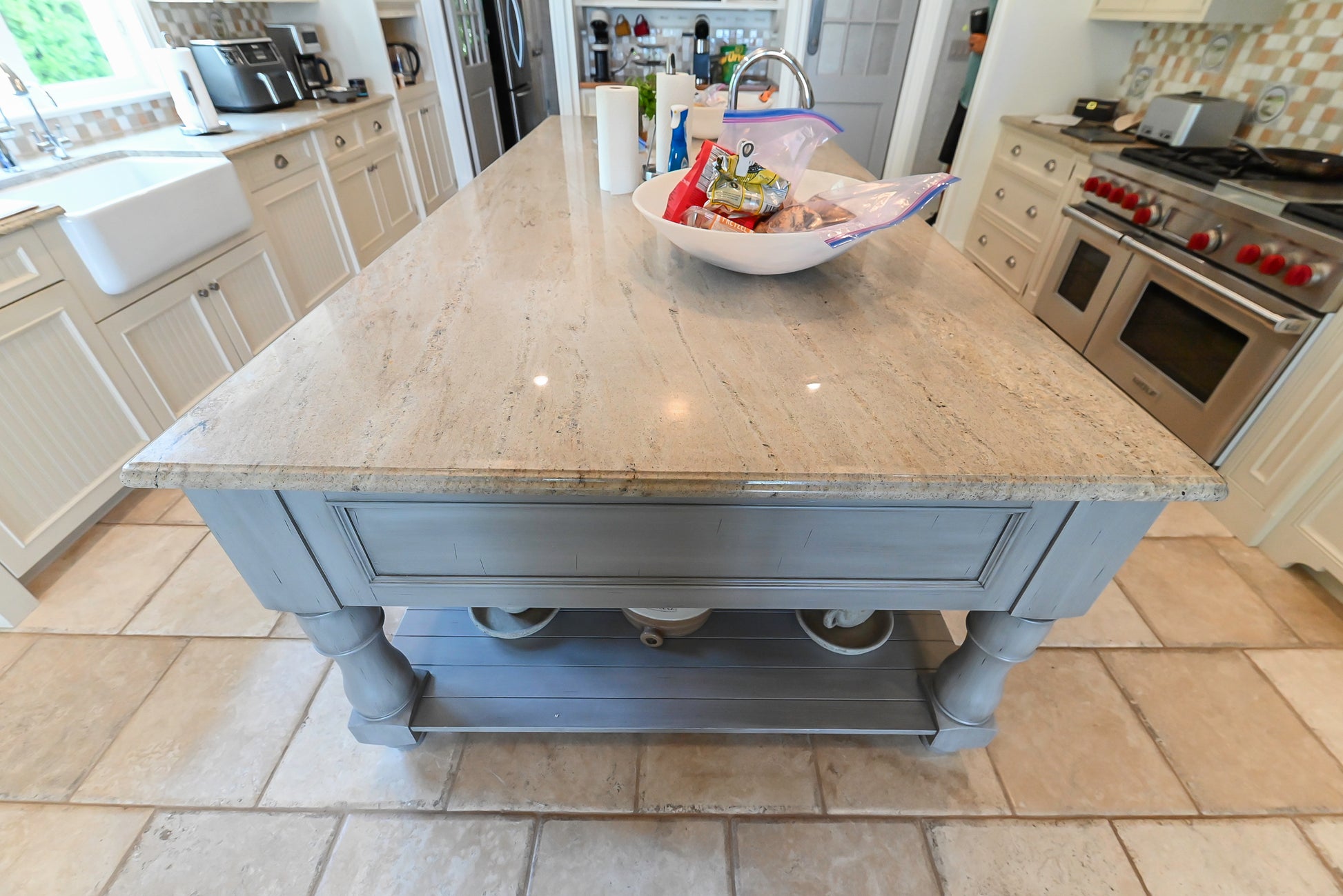 Craftmaid Traditional Off White Kitchen with Island, Granite Countertops & 48" Sub-Zero Refrigerator