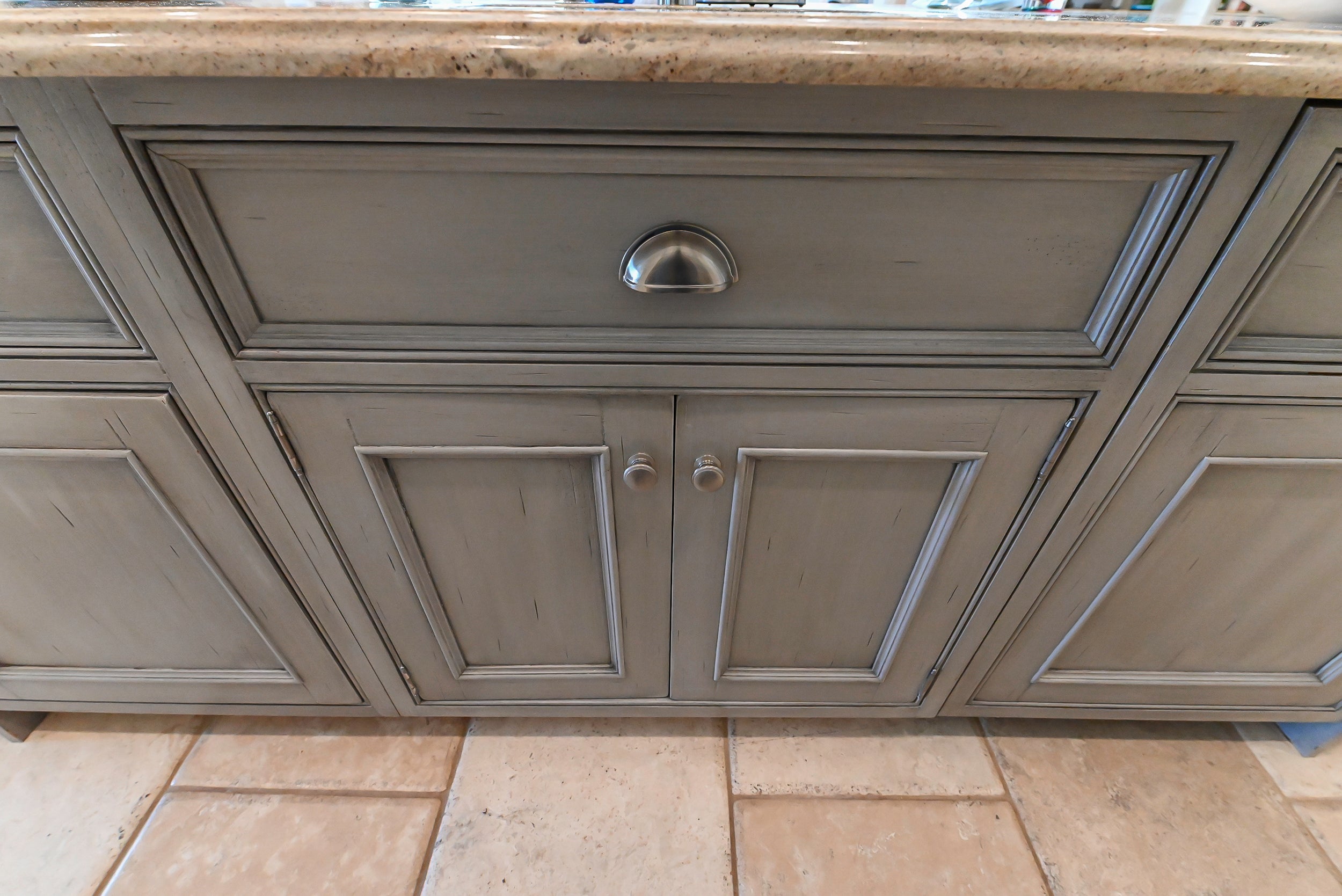 Craftmaid Traditional Off White Kitchen with Island, Granite Countertops & 48" Sub-Zero Refrigerator