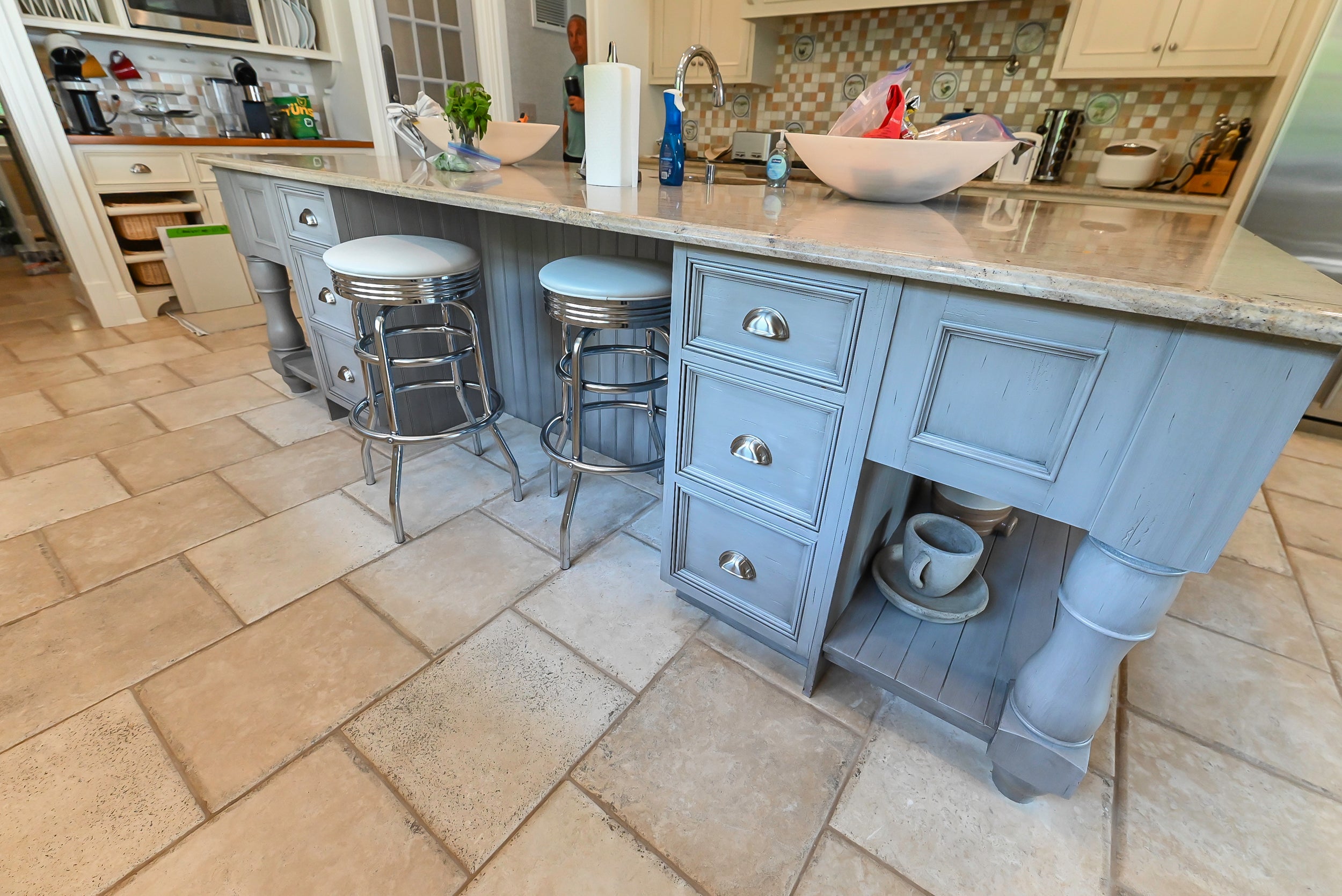 Craftmaid Traditional Off White Kitchen with Island, Granite Countertops & 48" Sub-Zero Refrigerator