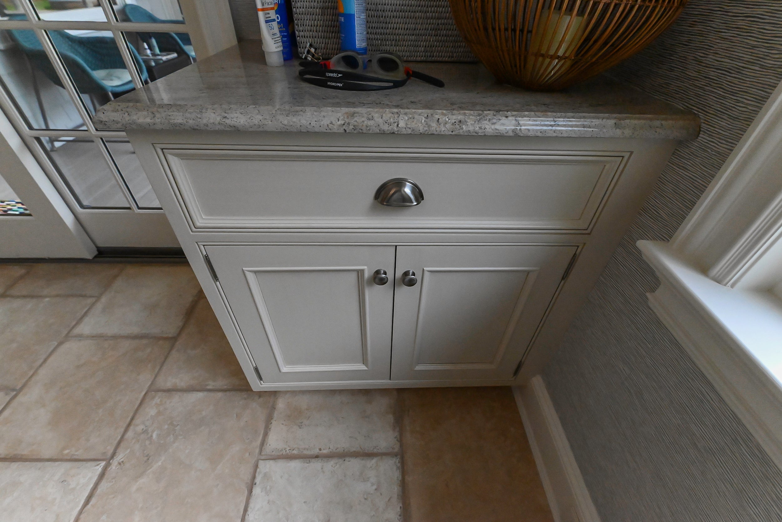 Craftmaid Traditional Off White Kitchen with Island, Granite Countertops & 48" Sub-Zero Refrigerator