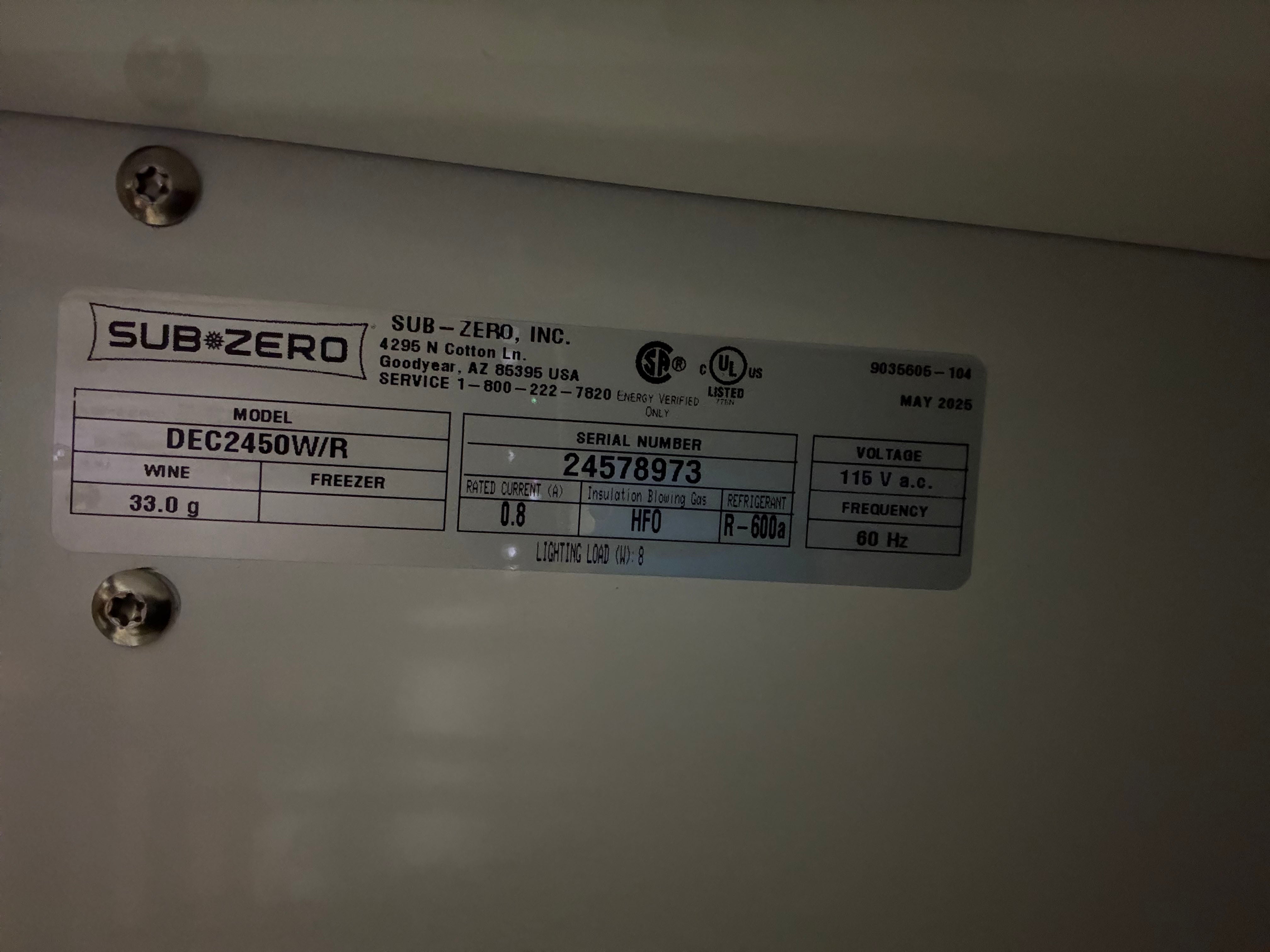 Sub-Zero DEC2450W/R 24" Panel Ready Dual Zone Smart Tall Wine Cooler, Pre-Owned, 2025