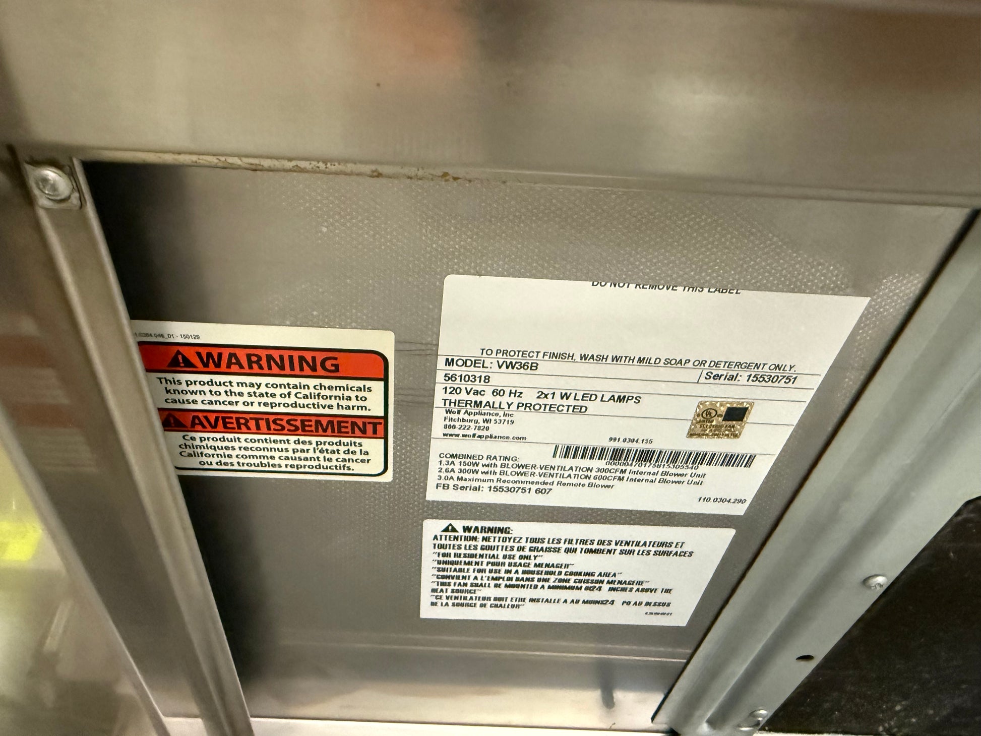 Wolf VW36B 36" Stainless Steel Wall Mount Chimney Range Hood, Pre-Owned