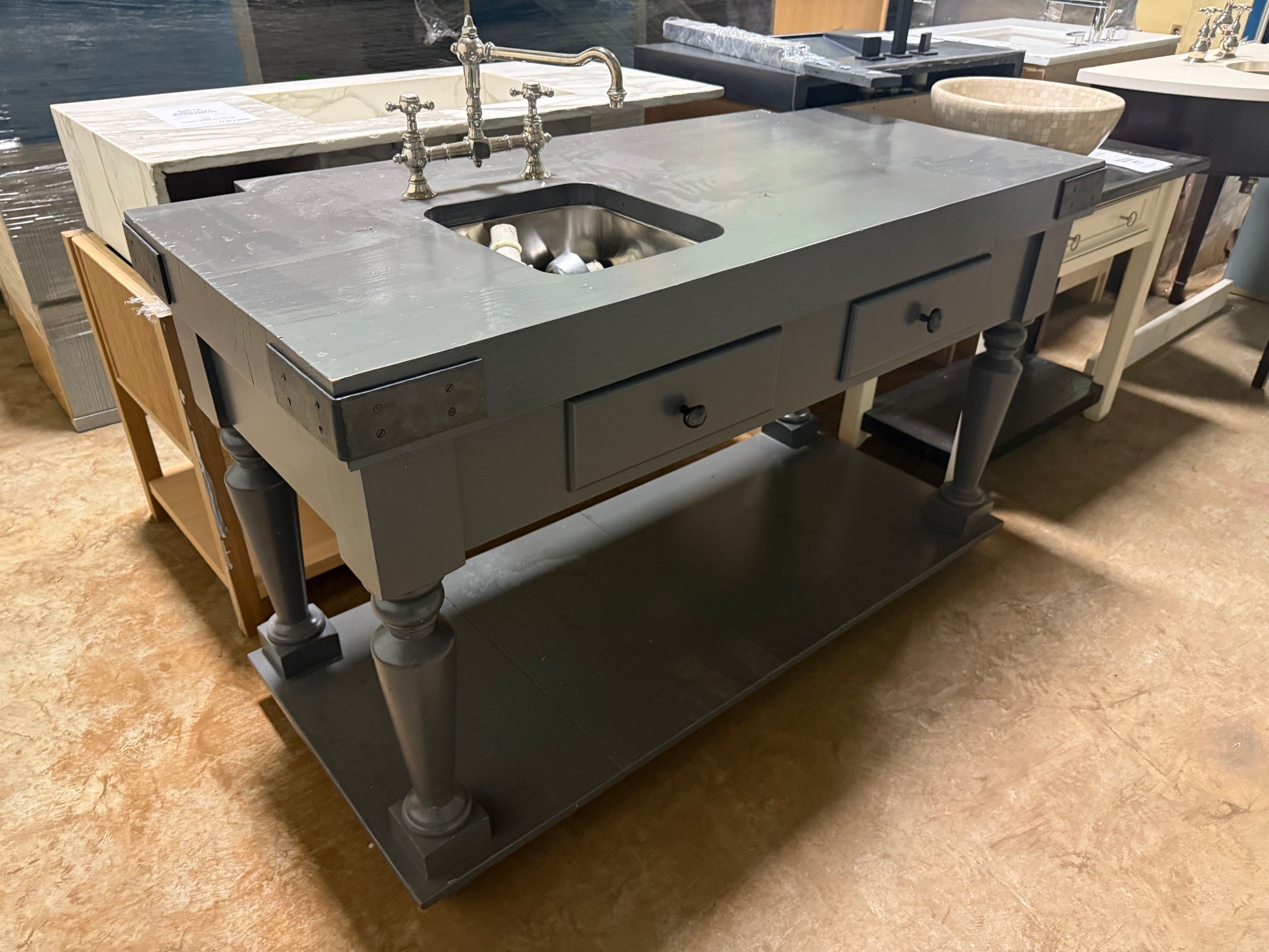 Traditional 56 1/2" Grey Single Vanity with Wood Top, Sink and Waterworks Faucet