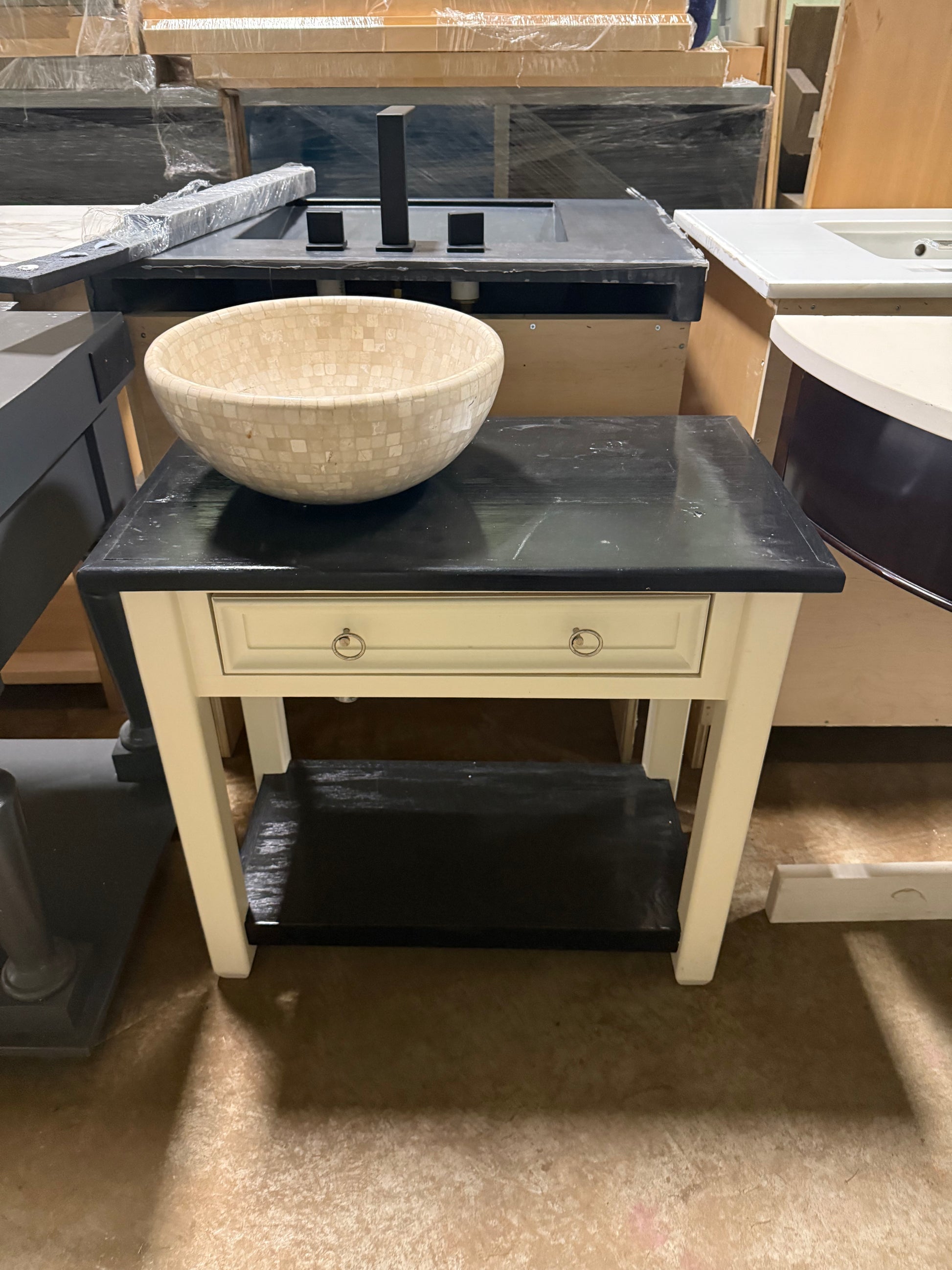 Traditional 30 1/2" Cream Single Vanity with Black Wood Top and Mosaic Top Mount Sink