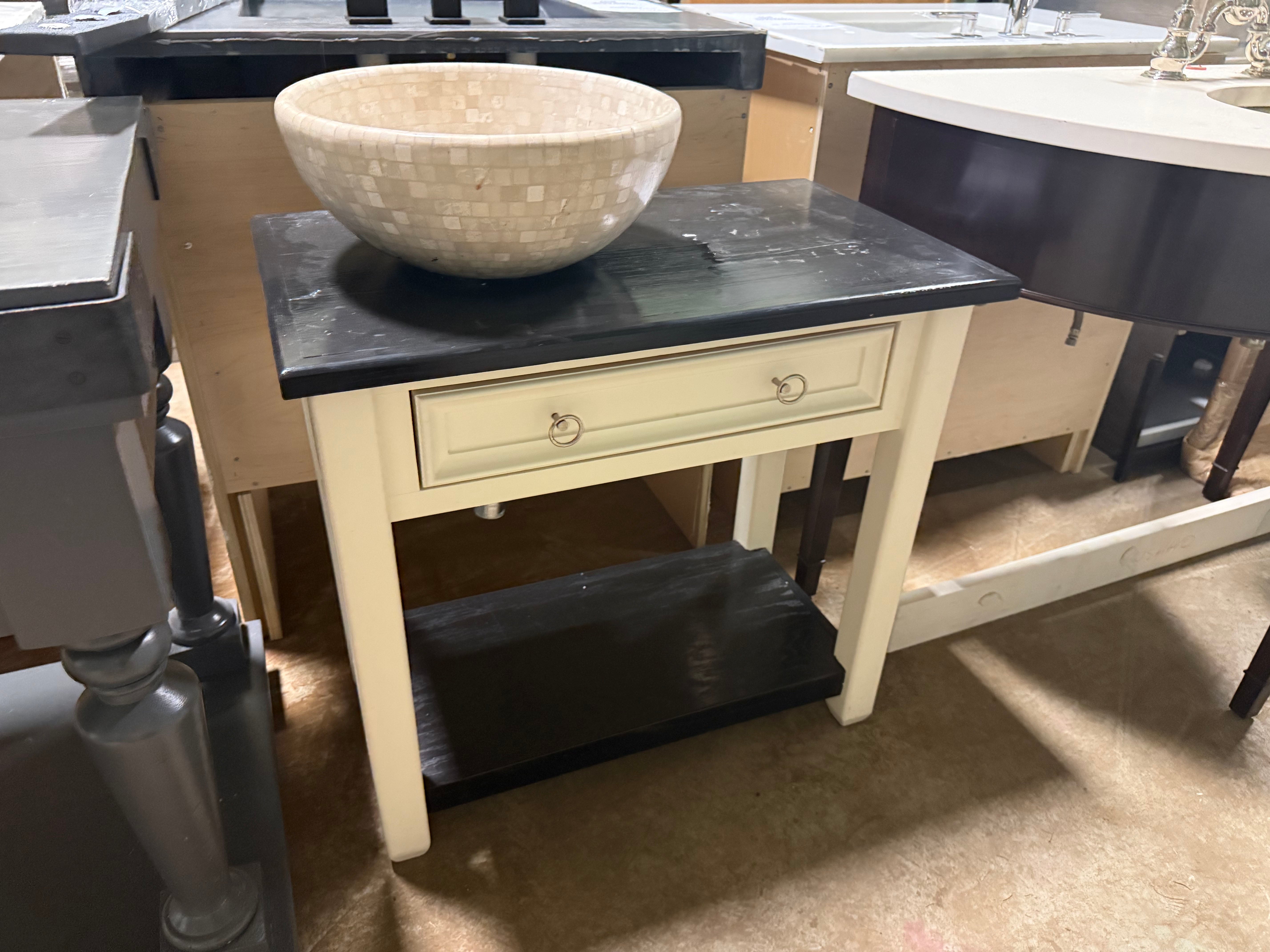Traditional 30 1/2" Cream Single Vanity with Black Wood Top and Mosaic Top Mount Sink