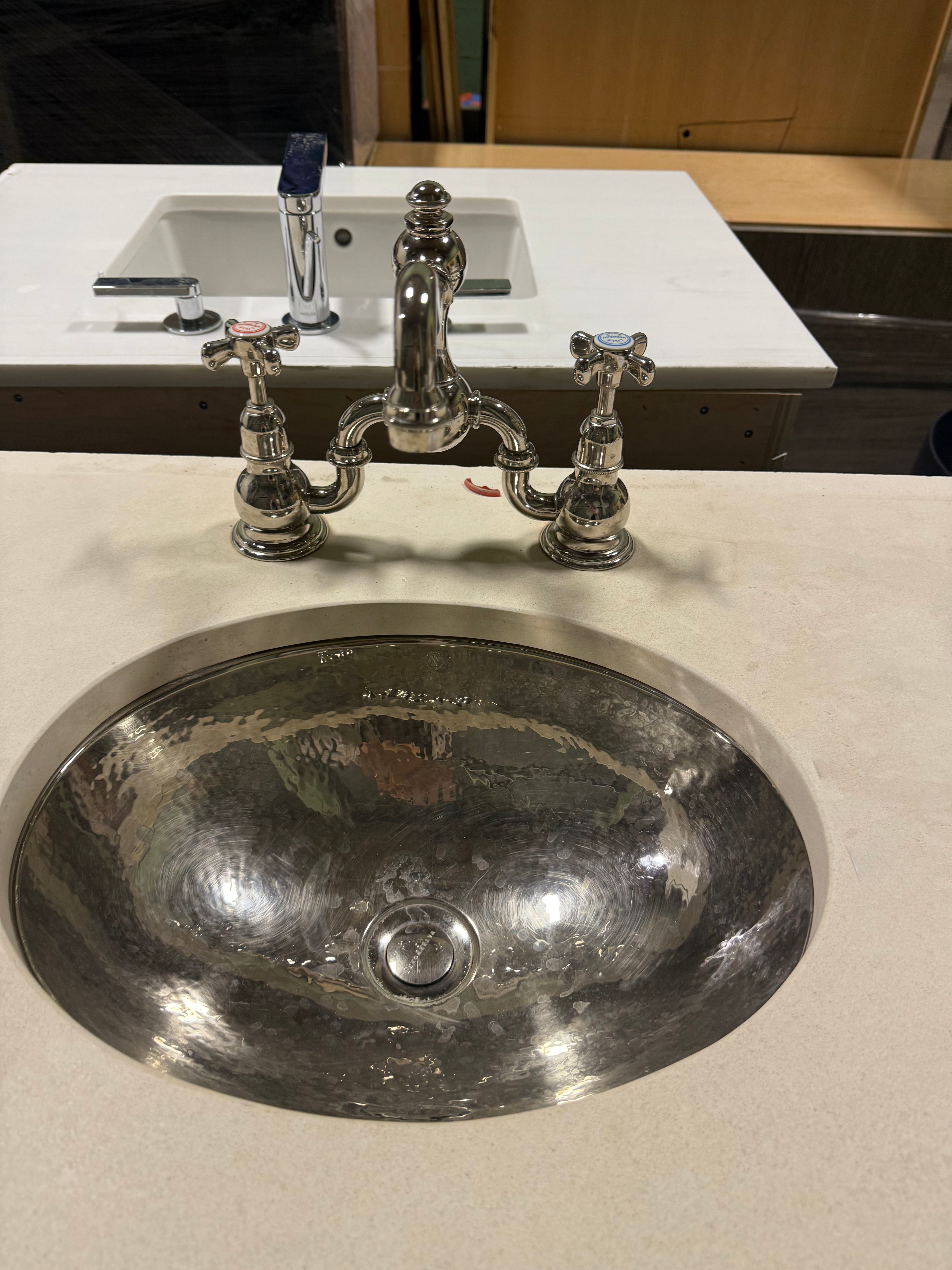 Traditional 44" Dark Brown Wooden Half-Round Single Vanity Half-Round with Sink and Waterworks Faucet