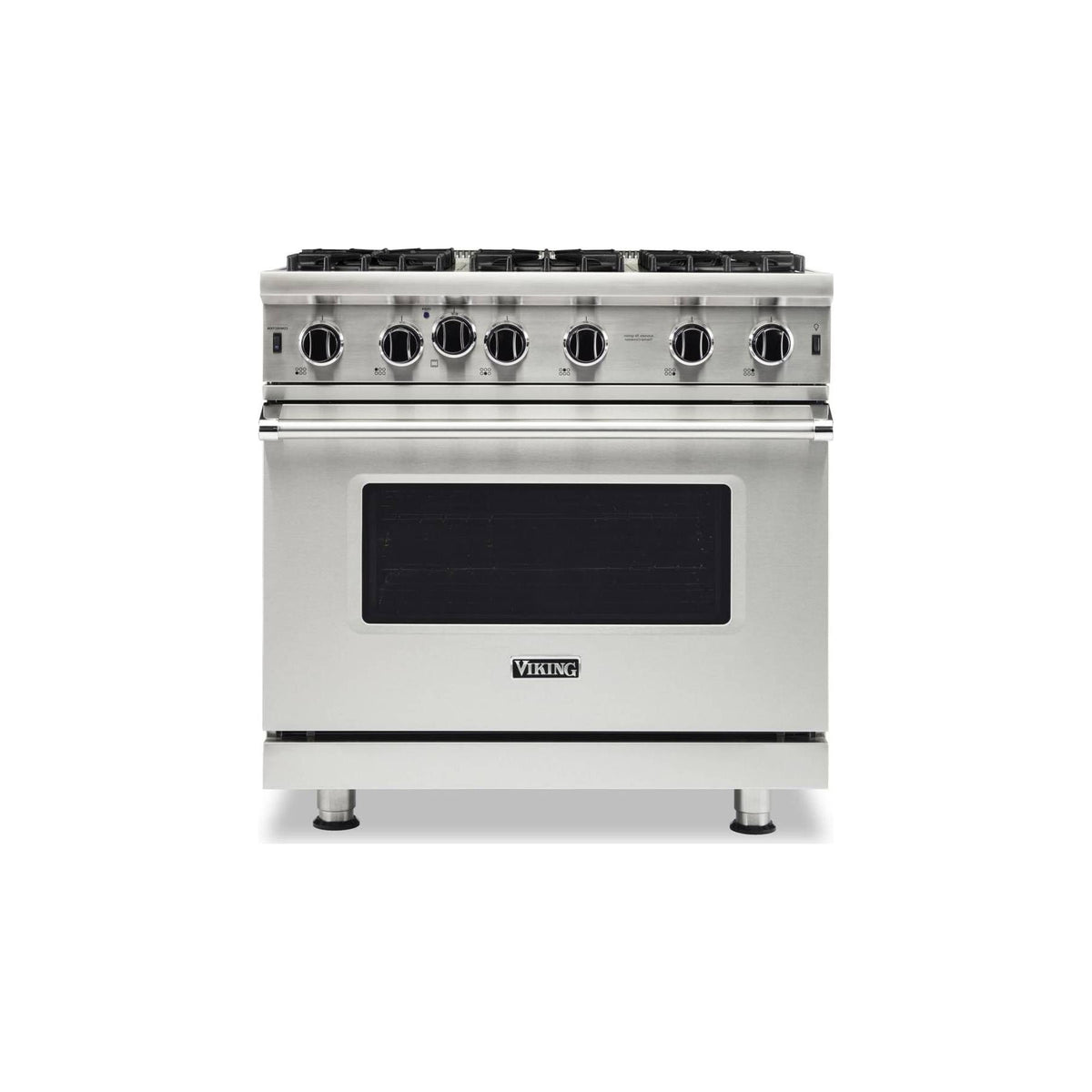 Viking VGIC365-6BSS 36-inch stainless steel gas range, front view

