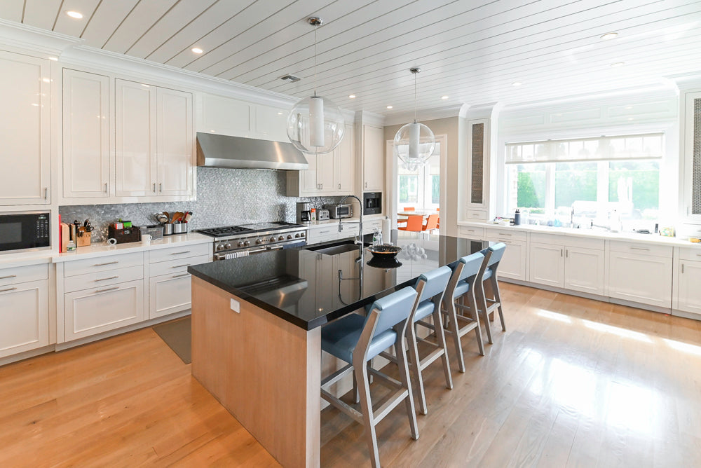 Custom Transitional White Kitchen with Natural Wood Toned Island, Quartz and Granite Countertops, 60" Wolf Range and Appliances