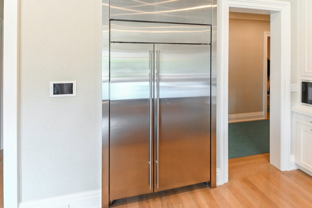 Custom Transitional White Kitchen with Natural Wood Toned Island, Quartz and Granite Countertops, 60" Wolf Range and Appliances