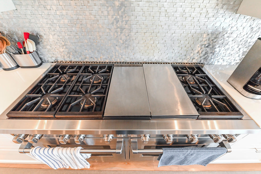 Custom Transitional White Kitchen with Natural Wood Toned Island, Quartz and Granite Countertops, 60" Wolf Range and Appliances