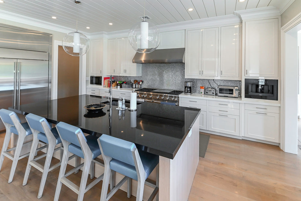 Custom Transitional White Kitchen with Natural Wood Toned Island, Quartz and Granite Countertops, 60" Wolf Range and Appliances