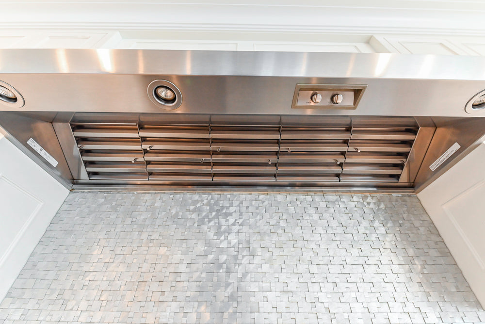 Custom Transitional White Kitchen with Natural Wood Toned Island, Quartz and Granite Countertops, 60" Wolf Range and Appliances