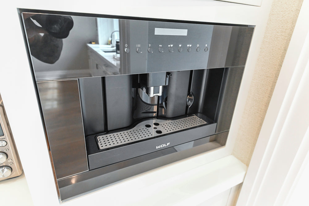 Custom Transitional White Kitchen with Natural Wood Toned Island, Quartz and Granite Countertops, 60" Wolf Range and Appliances