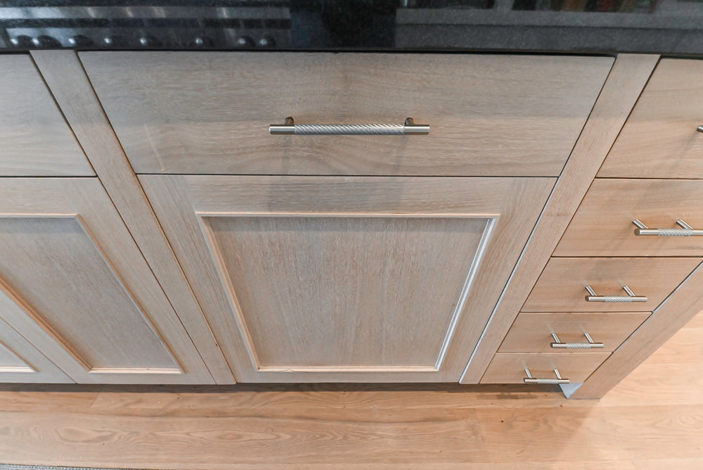 Custom Transitional White Kitchen with Natural Wood Toned Island, Quartz and Granite Countertops, 60" Wolf Range and Appliances