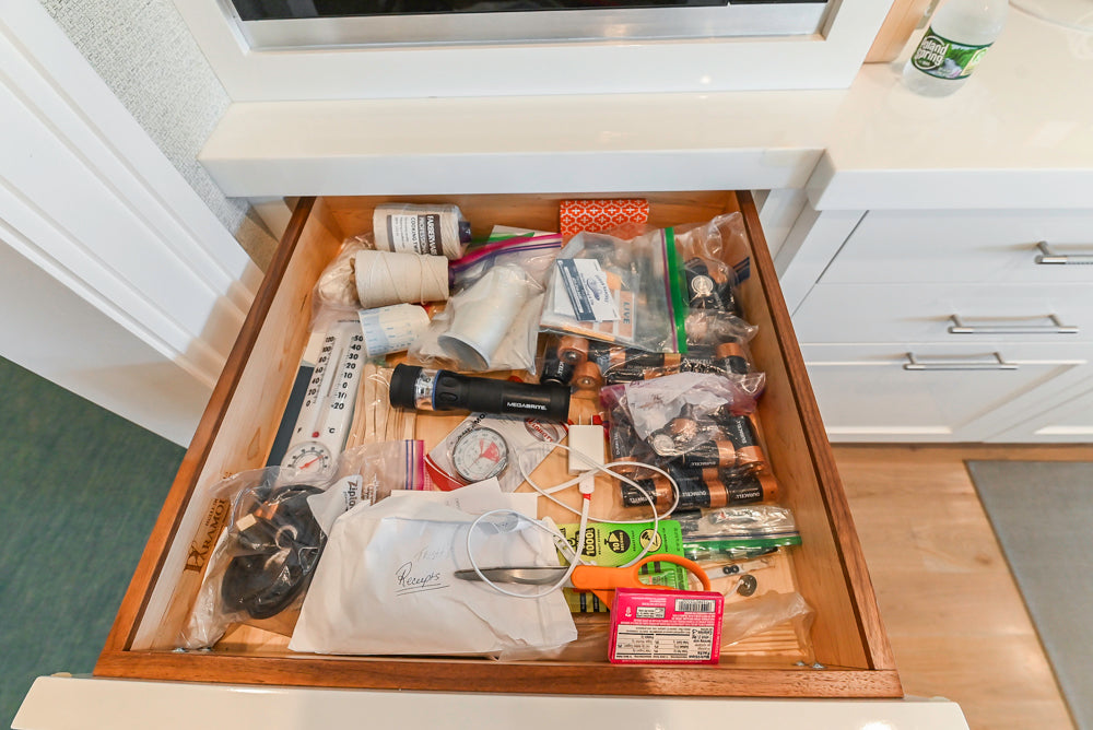 Custom Transitional White Kitchen with Natural Wood Toned Island, Quartz and Granite Countertops, 60" Wolf Range and Appliances