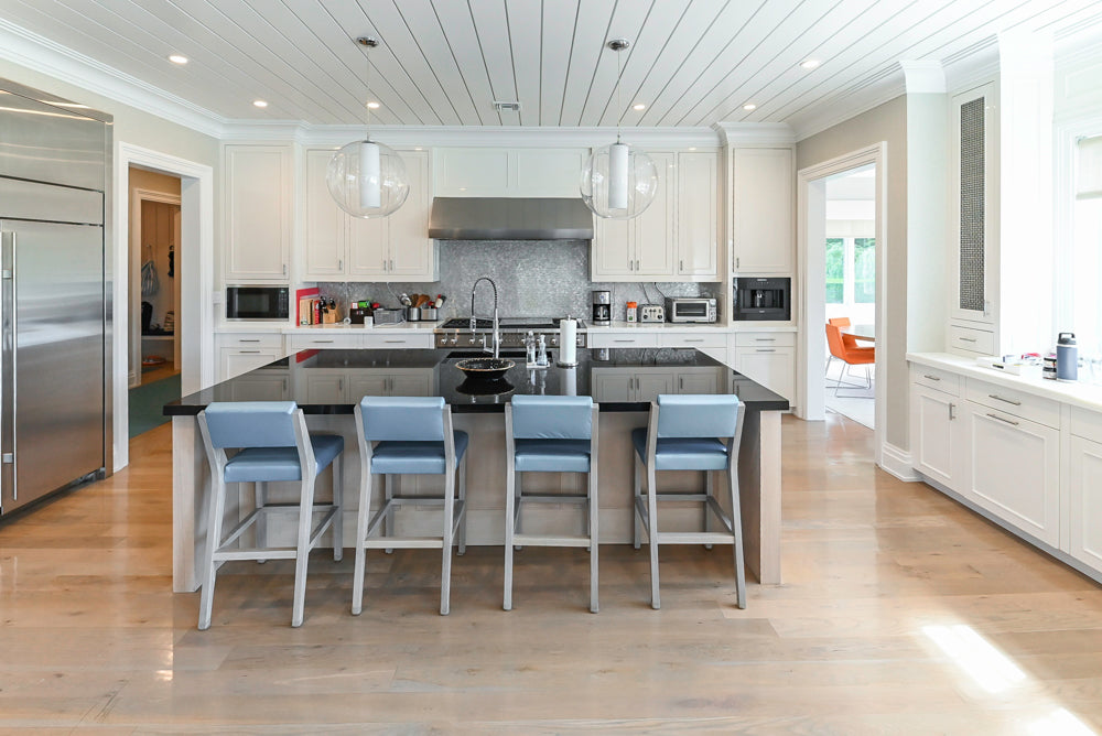 Custom Transitional White Kitchen with Natural Wood Toned Island, Quartz and Granite Countertops, 60" Wolf Range and Appliances