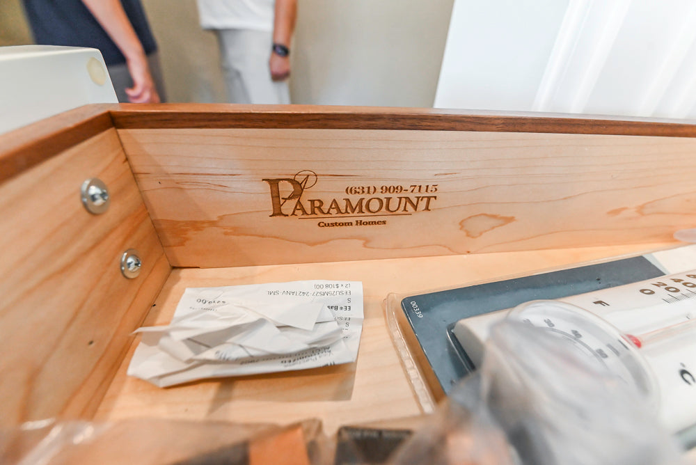 Custom Transitional White Kitchen with Natural Wood Toned Island, Quartz and Granite Countertops, 60" Wolf Range and Appliances