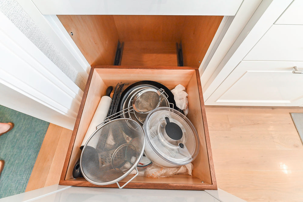 Custom Transitional White Kitchen with Natural Wood Toned Island, Quartz and Granite Countertops, 60" Wolf Range and Appliances