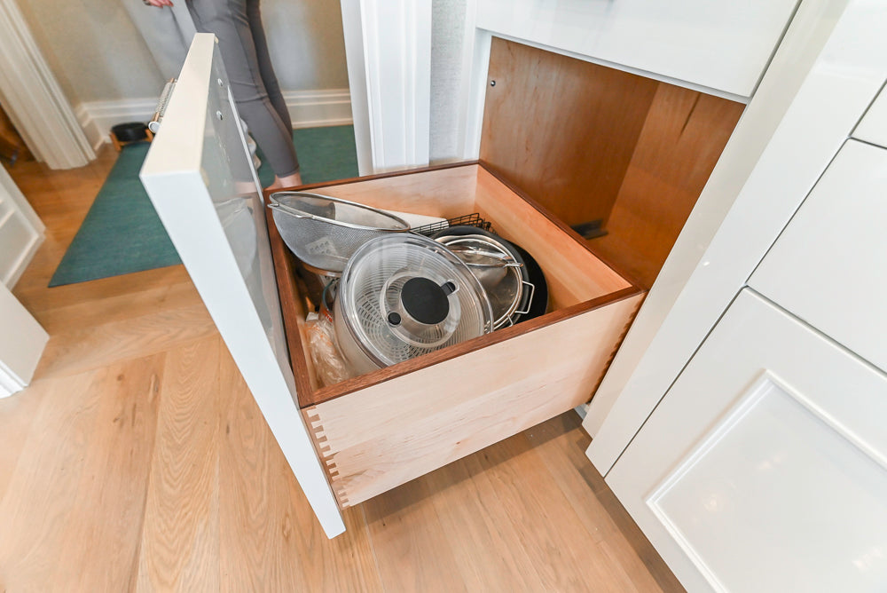Custom Transitional White Kitchen with Natural Wood Toned Island, Quartz and Granite Countertops, 60" Wolf Range and Appliances