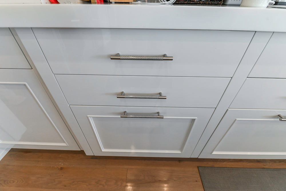 Custom Transitional White Kitchen with Natural Wood Toned Island, Quartz and Granite Countertops, 60" Wolf Range and Appliances