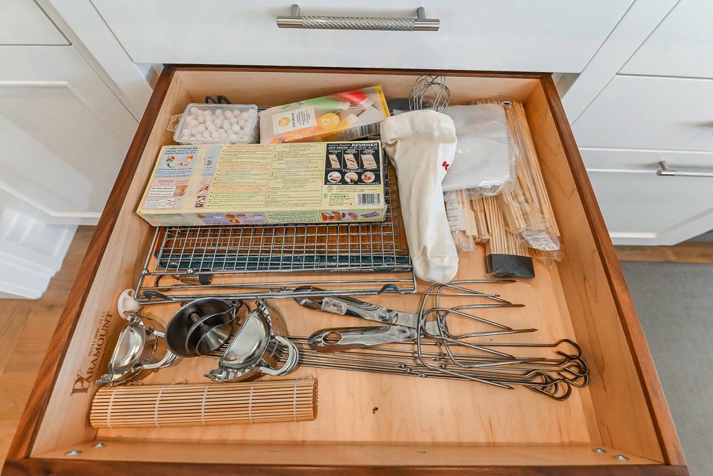 Custom Transitional White Kitchen with Natural Wood Toned Island, Quartz and Granite Countertops, 60" Wolf Range and Appliances