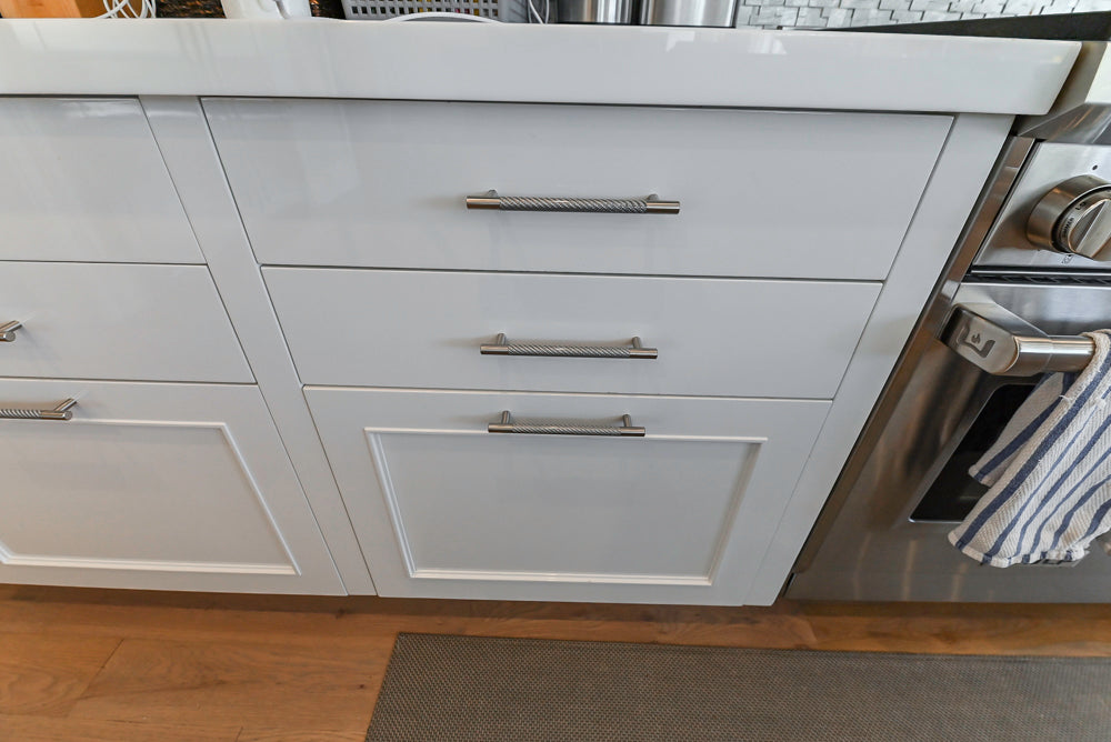 Custom Transitional White Kitchen with Natural Wood Toned Island, Quartz and Granite Countertops, 60" Wolf Range and Appliances