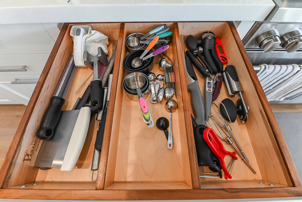 Custom Transitional White Kitchen with Natural Wood Toned Island, Quartz and Granite Countertops, 60" Wolf Range and Appliances