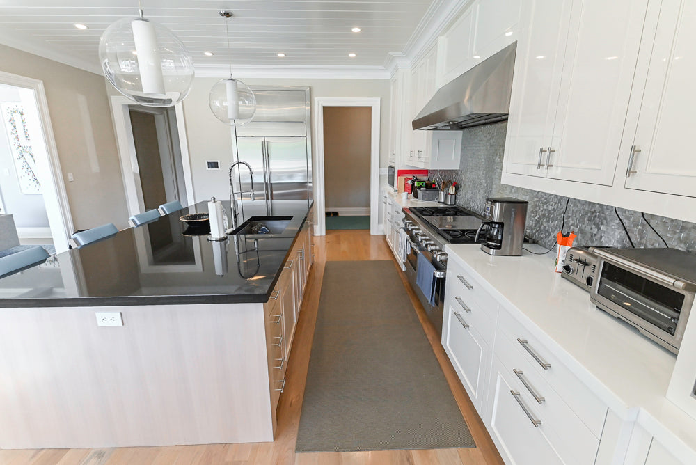 Custom Transitional White Kitchen with Natural Wood Toned Island, Quartz and Granite Countertops, 60" Wolf Range and Appliances