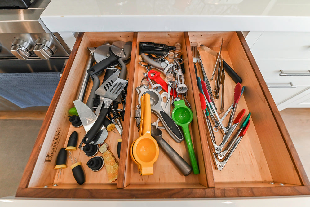 Custom Transitional White Kitchen with Natural Wood Toned Island, Quartz and Granite Countertops, 60" Wolf Range and Appliances