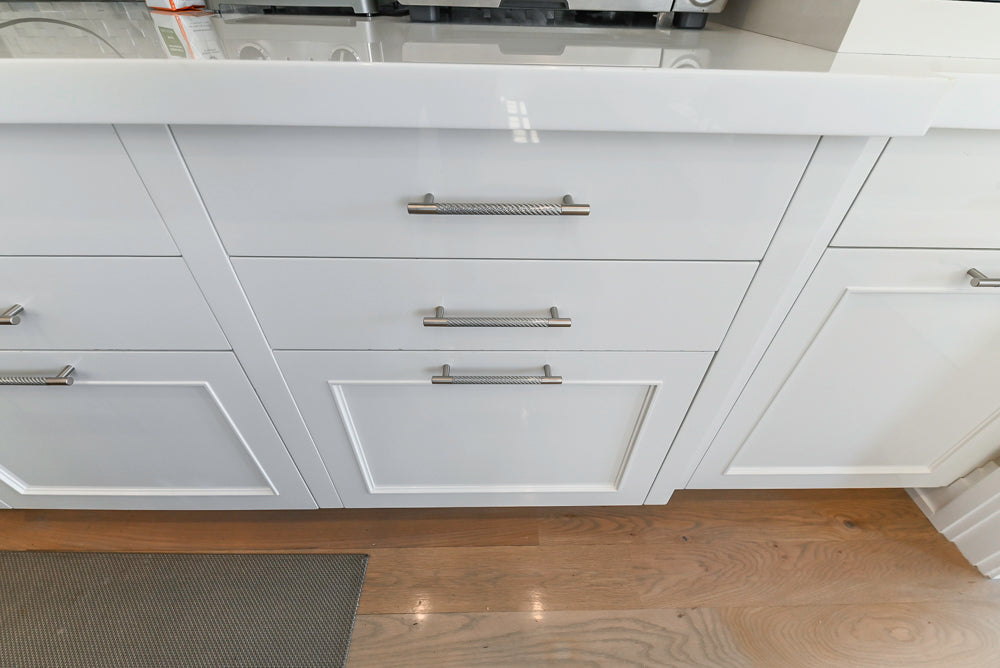 Custom Transitional White Kitchen with Natural Wood Toned Island, Quartz and Granite Countertops, 60" Wolf Range and Appliances