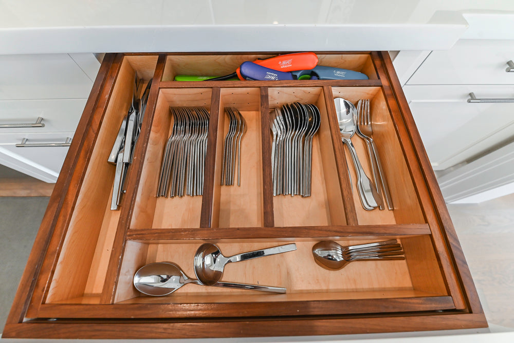 Custom Transitional White Kitchen with Natural Wood Toned Island, Quartz and Granite Countertops, 60" Wolf Range and Appliances