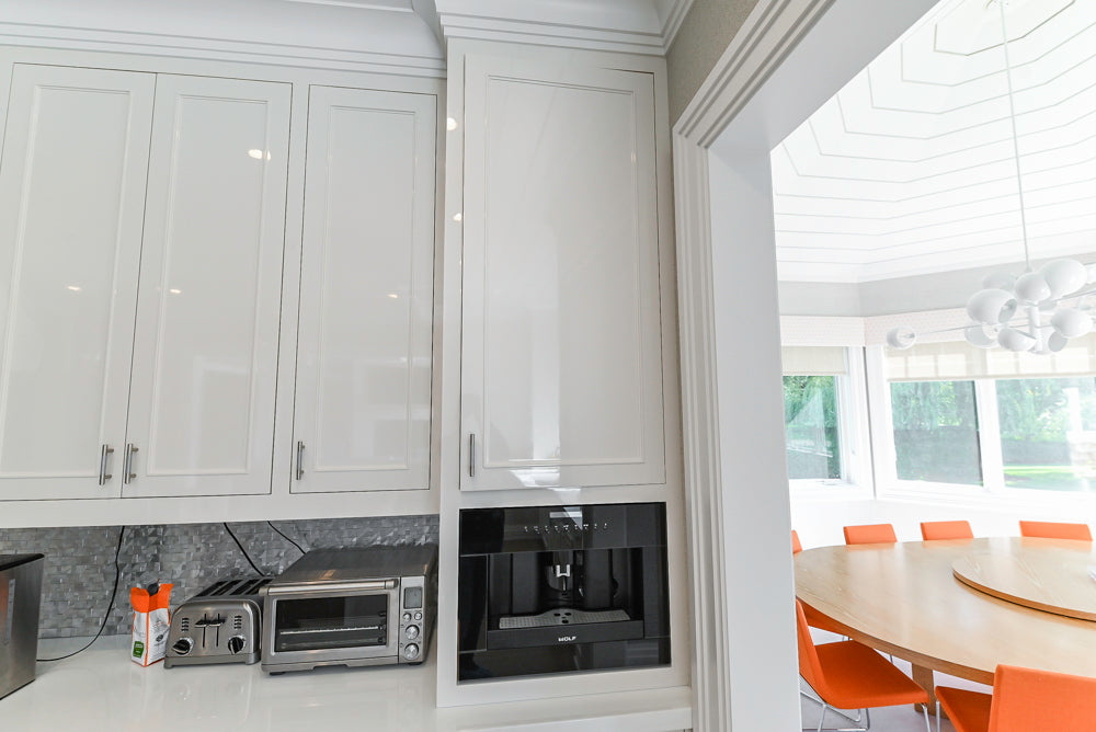 Custom Transitional White Kitchen with Natural Wood Toned Island, Quartz and Granite Countertops, 60" Wolf Range and Appliances