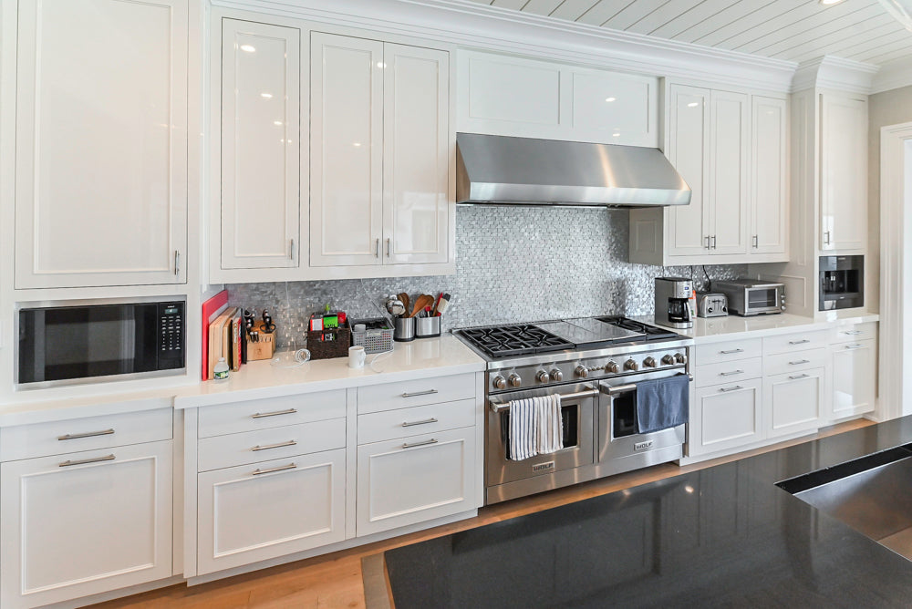 Custom Transitional White Kitchen with Natural Wood Toned Island, Quartz and Granite Countertops, 60" Wolf Range and Appliances
