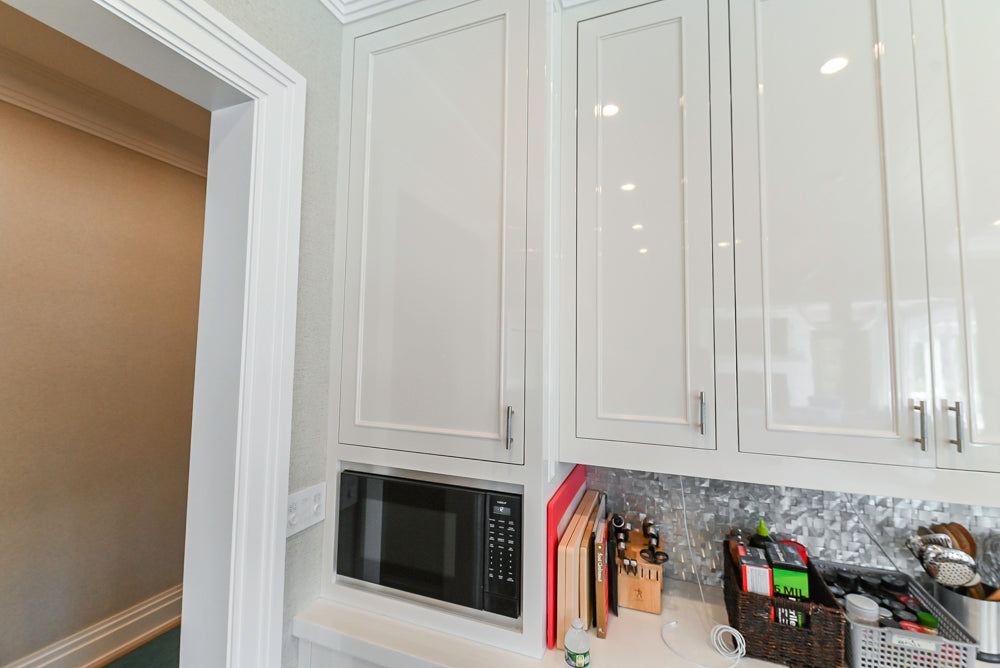 Custom Transitional White Kitchen with Natural Wood Toned Island, Quartz and Granite Countertops, 60" Wolf Range and Appliances